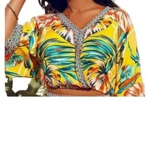 Tropical Floral Print V Neck Kimono Style Crop Boho Blouse‎ L